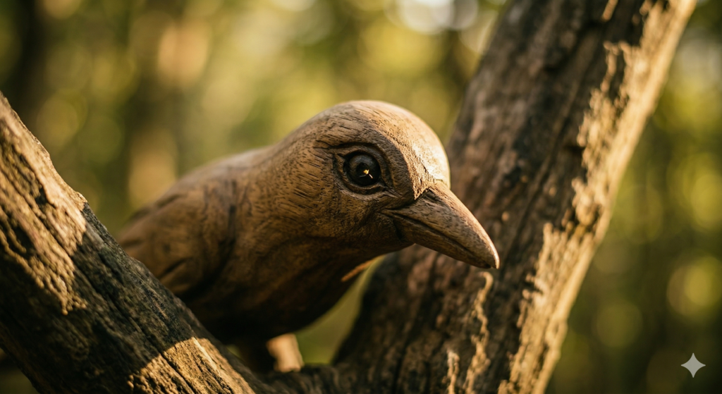 Close-up birds-eye view of a brown bird perched on a tree branch in natural sunlight