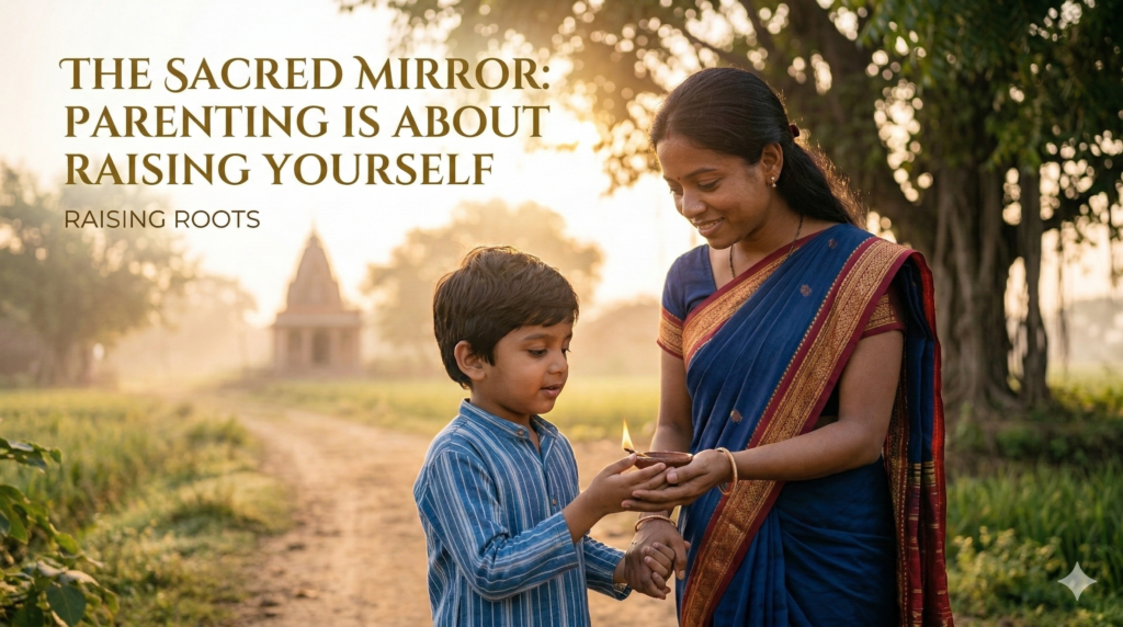 The Sacred Mirror: Parenting is About Raising Yourself Indian mother and son lighting a Diya, symbolizing the sacred job of parenting and carrying ancient wisdom.