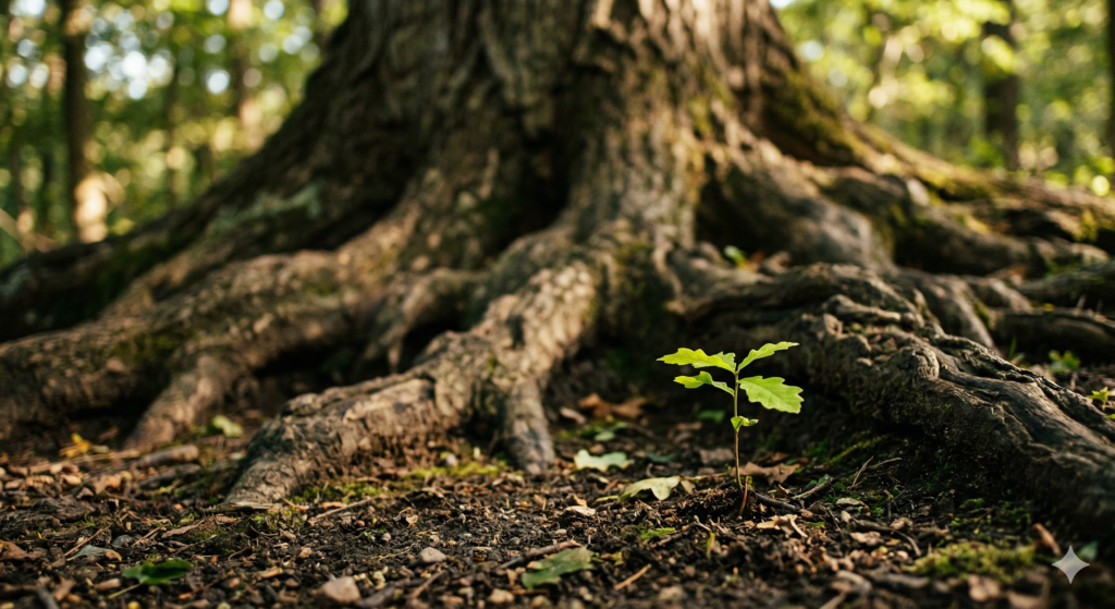 Conscious parenting illustration showing parent and child planting a sapling with roots symbolizing Ahamkara (ego) and Kshama (forgiveness)