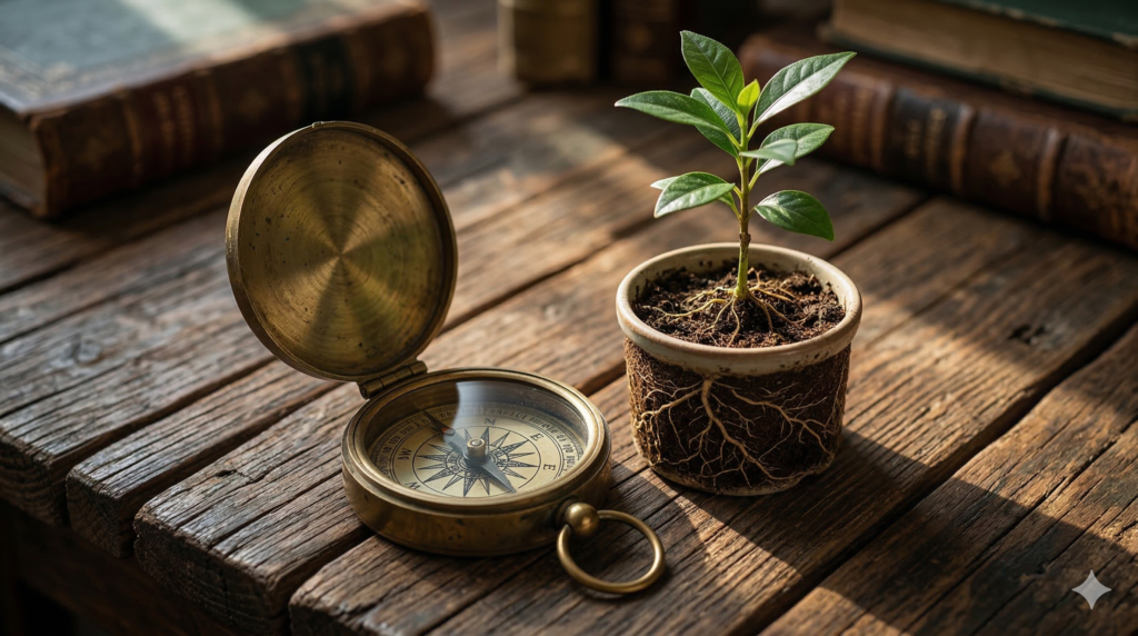 Vintage brass compass next to a small green plant with deep roots on a rustic wooden table.