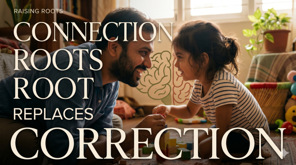 Why “Not Listening” is Actually a Connection Gap A conceptual parenting image showing a father kneeling to connect with his young daughter. Overlaid are two brain diagrams: one in green labeled "Prefrontal Cortex" (Connection) and one in red labeled "Amygdala" (Correction), with text that reads "Connection Roots Root Replaces CORRECTION."