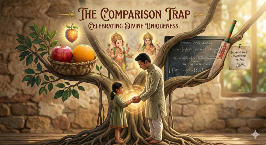 A conceptual illustration of a father and daughter connecting under a large "Raising Roots" tree, featuring symbols of unique talent like an apple and orange, a cricket bat, and mathematical equations.