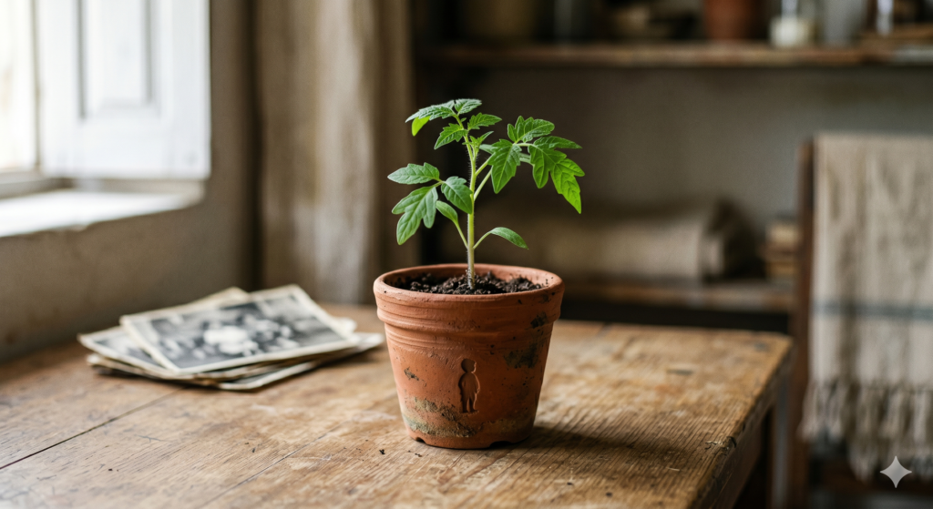 A small green sapling growing in a clay pot on a wooden table, symbolizing the growth of character from ancient roots.