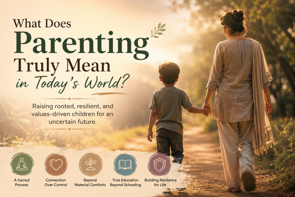 A parent and a young child walking hand in hand down a sunlit path, symbolizing a conscious parenting journey of raising deep roots.