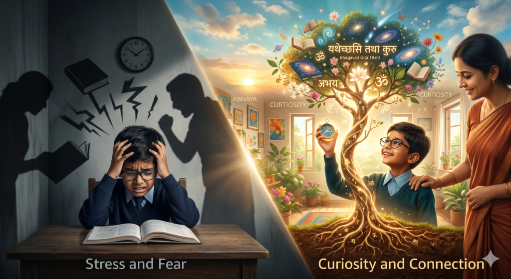 A split illustration showing a child stressed under pressure on the left, and a child learning joyfully under a glowing tree with a supportive parent on the right.
