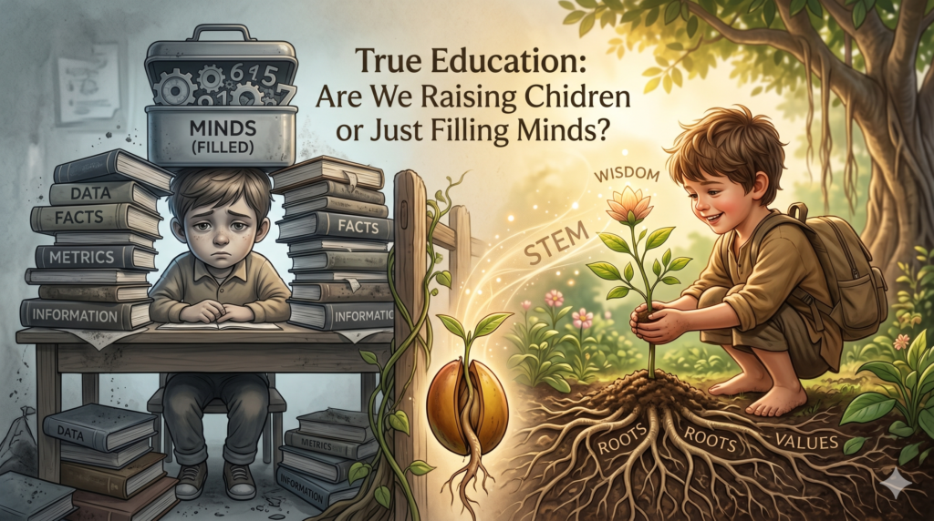 An artistic split-concept illustration showing an overwhelmed child at a desk piled high with textbooks contrasted with a joyful child nurturing a growing plant with strong visible roots.
