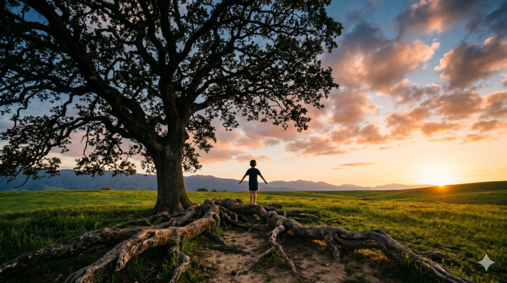A young child standing in front of a massive, ancient tree with sprawling roots during a golden sunset, symbolizing the concept of stillness and deep roots in childhood.